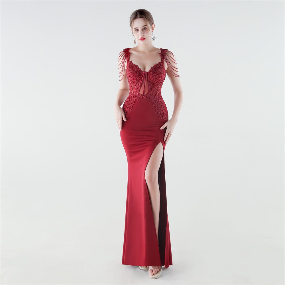Alcala Heavy Industry Boning Corset Waist Binding Rhinestone Floral Evening Dress