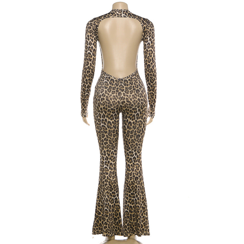 Spring Women Clothes Personality round Neck High Waist Slim Fit Backless Leopard Print Long Sleeve Jumpsuit Women