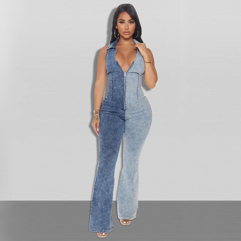 Plus Size Women Clothing Autumn New Color Matching Wash Sexy Denim Jumpsuit