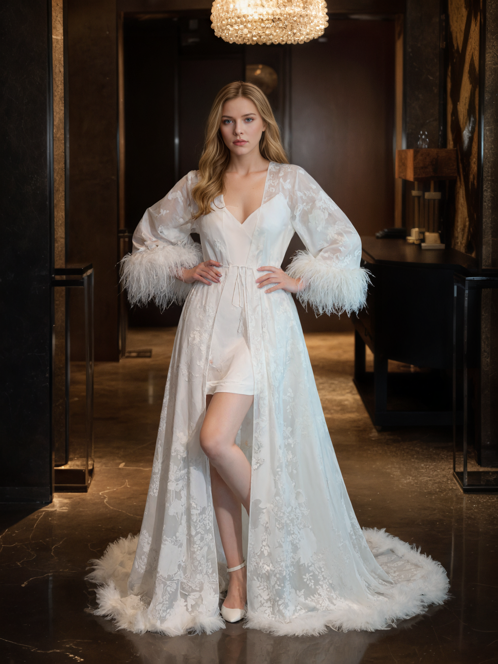 Luxury White Feather Trim Lace Long Robe Set