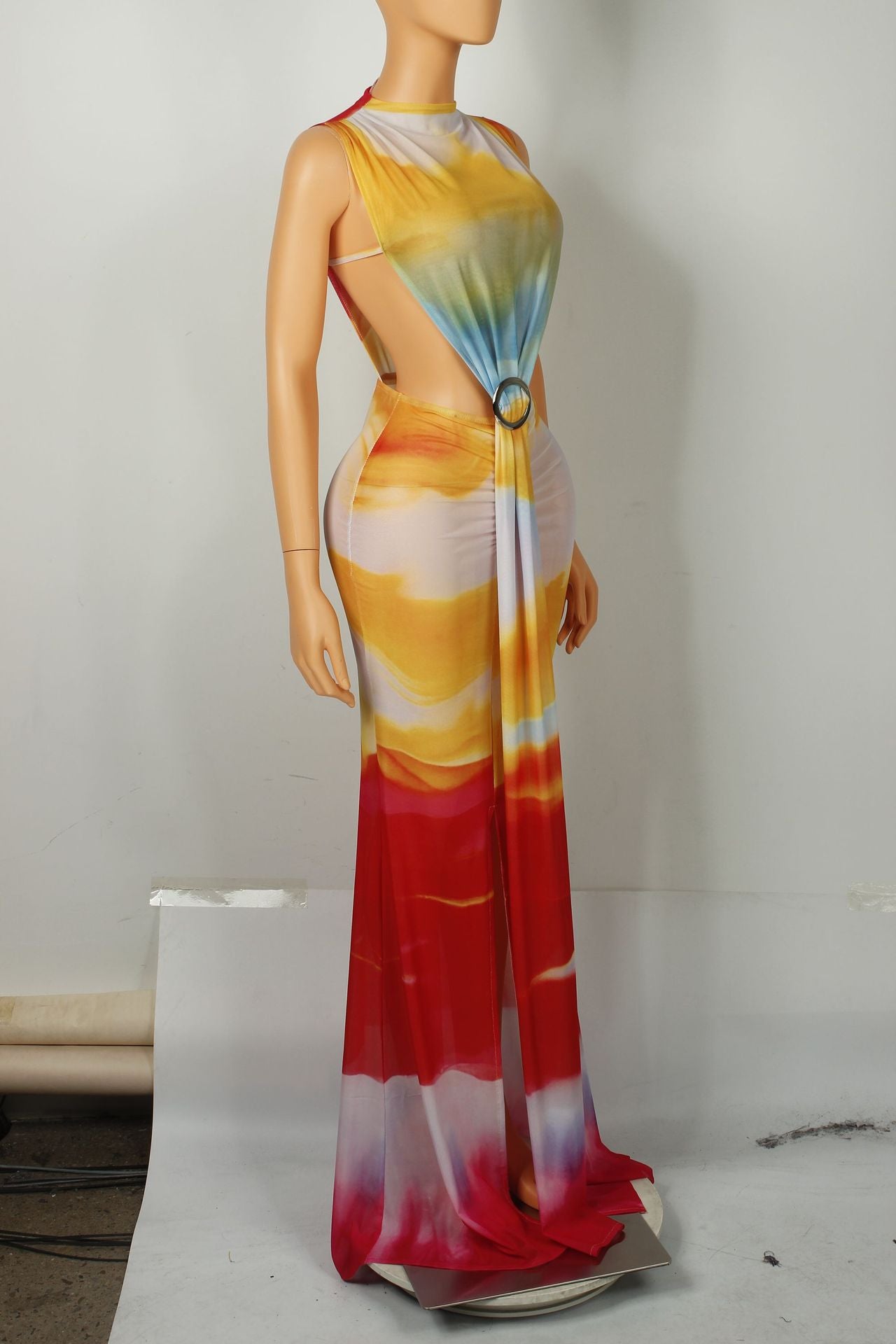 O Neck High Split Stacked Print Bodycon Long Maxi Dress