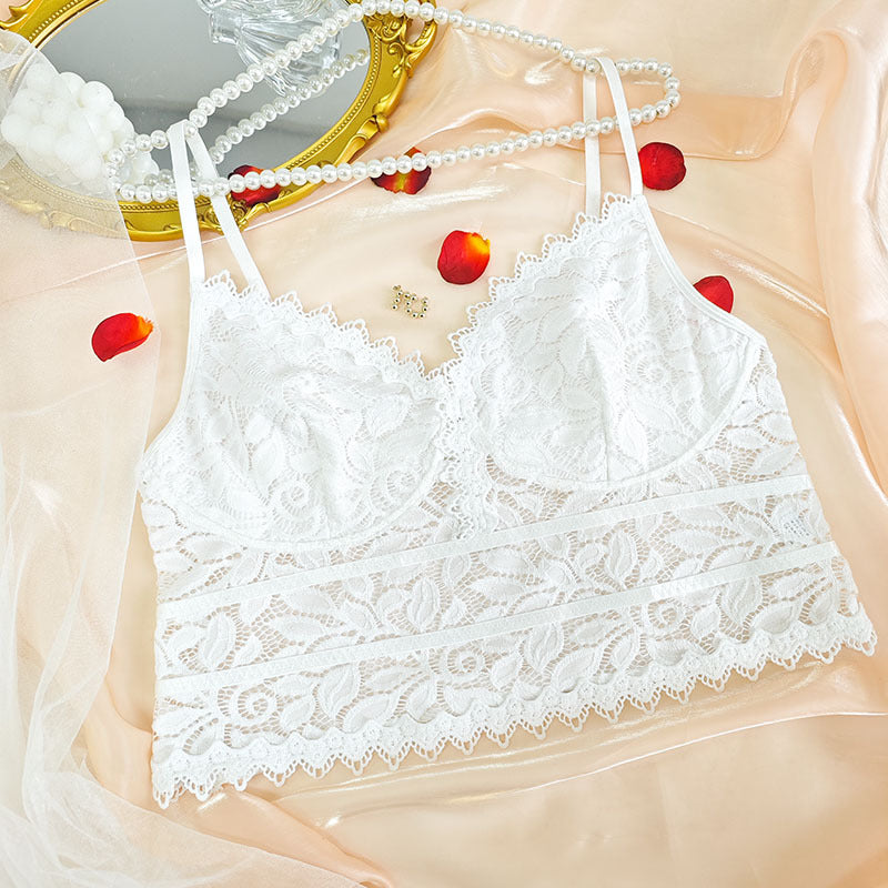 Over Plus Size Bra Vest Thin Size Sexy Hollow Out Cutout out Lace Solid Color Camisole without Steel Ring