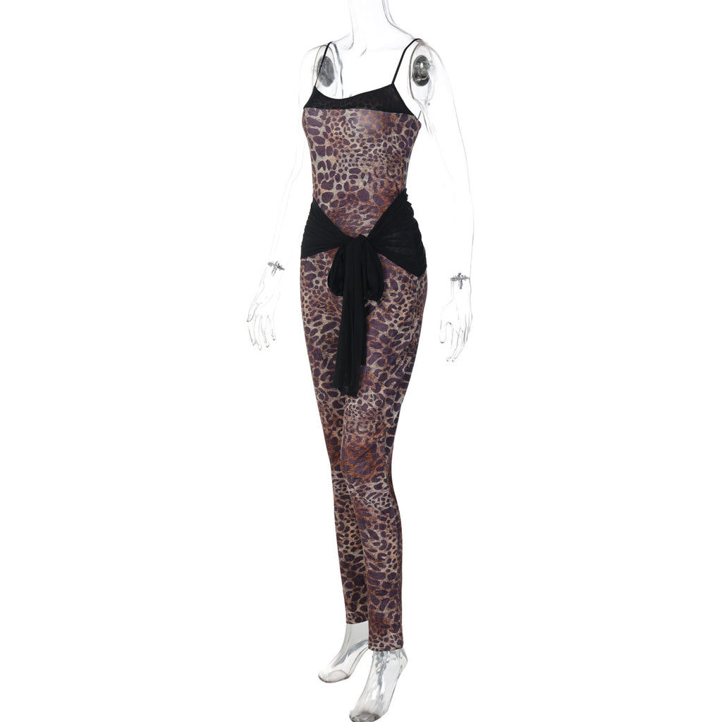 Women Clothing Winter Leopard Print Printed Mesh Lace up Slim Strap Jumpsuit Women