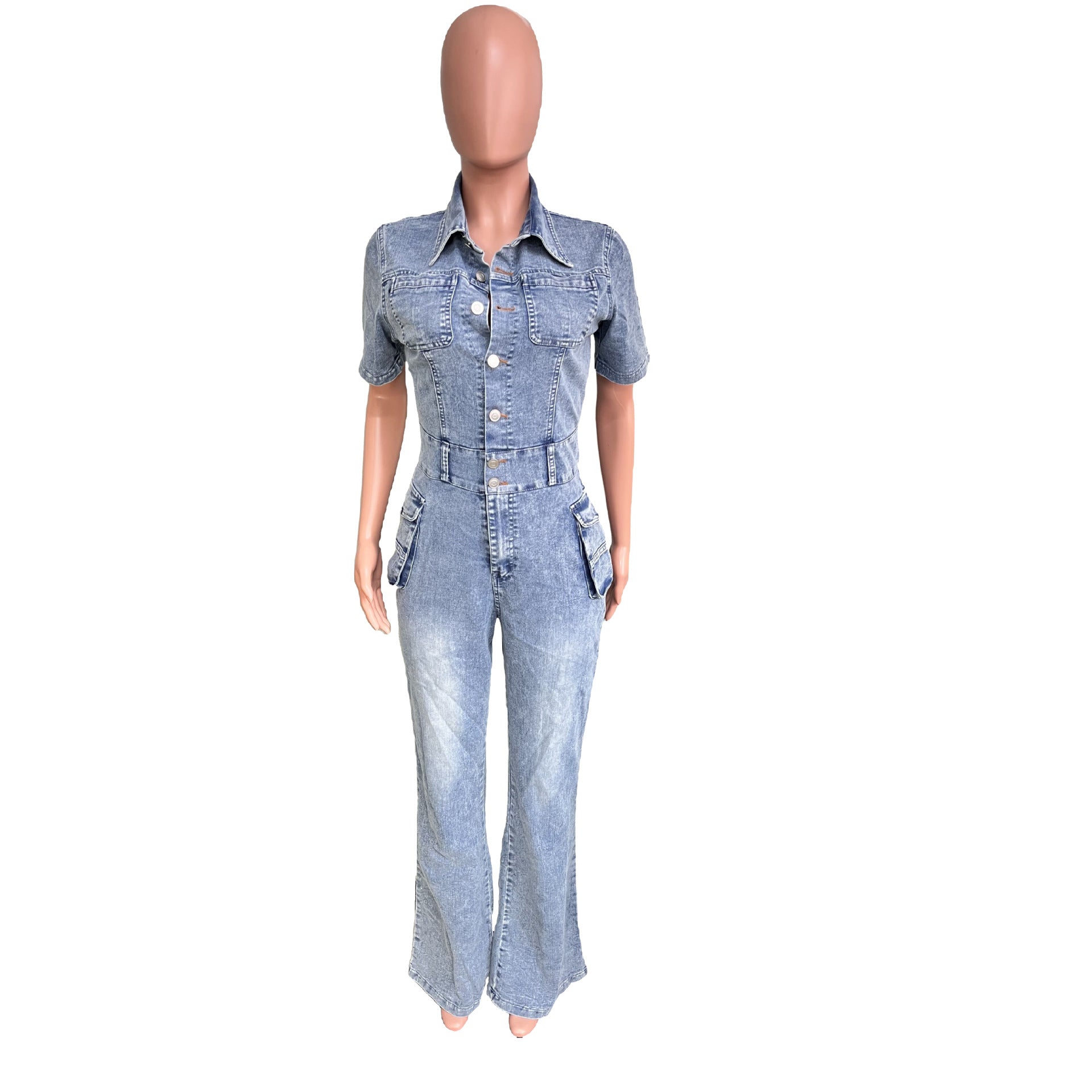 Waist Slim Elastic Fried Floral Wash Denim Jumpsuit Jumpsuit Bell Bottom Pants
