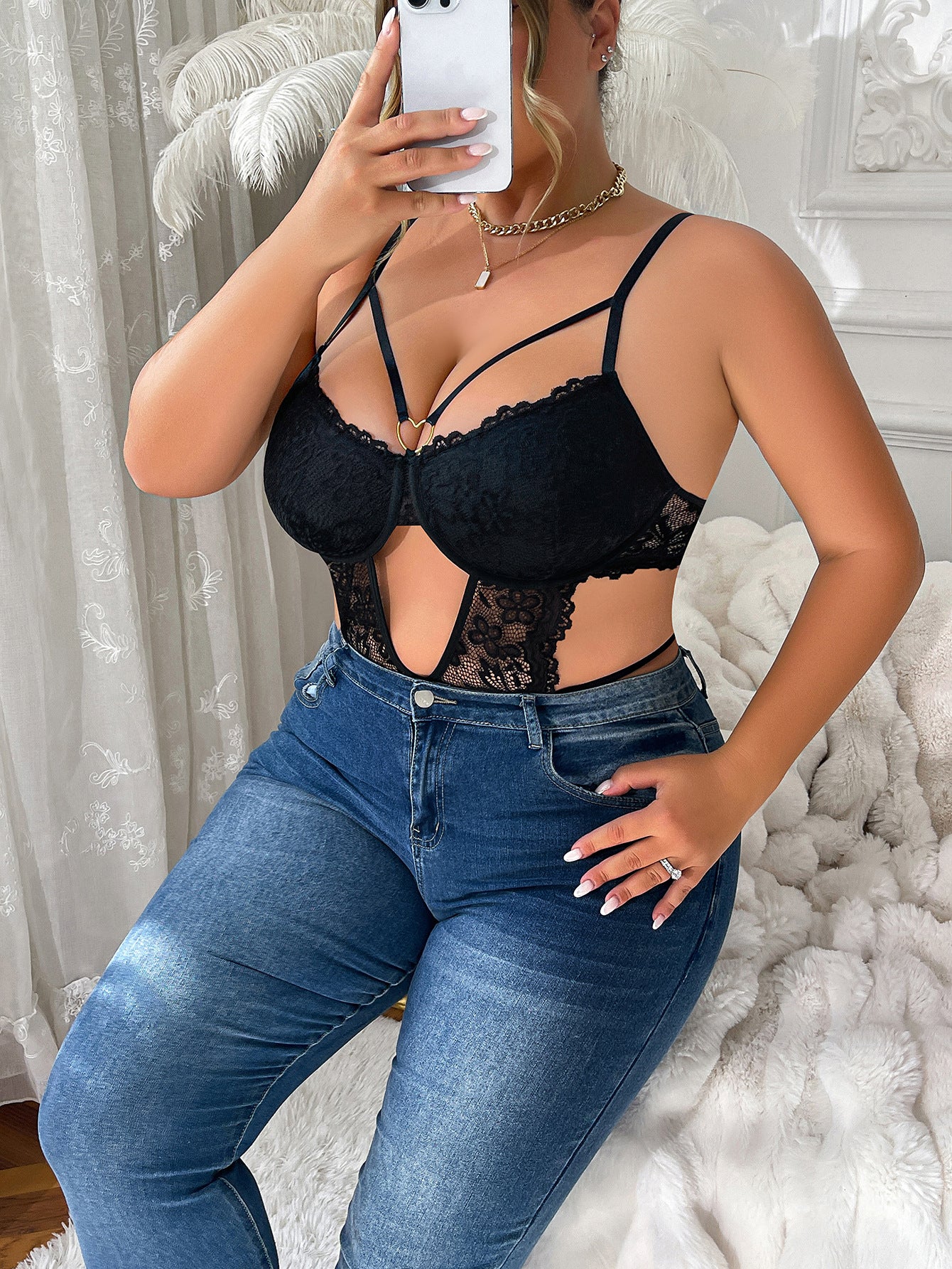 Plus Size Pierced Black Sexy Lace See through Inner Match Steel Ring Jumpsuit Underwear