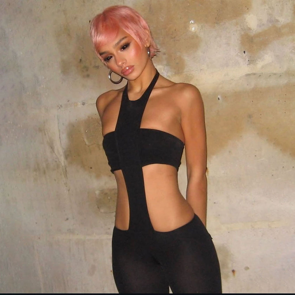 Autumn Sexy Cropped Outfit Halter Tight Fitting Solid Color Personalized One Piece Jumpsuit Women