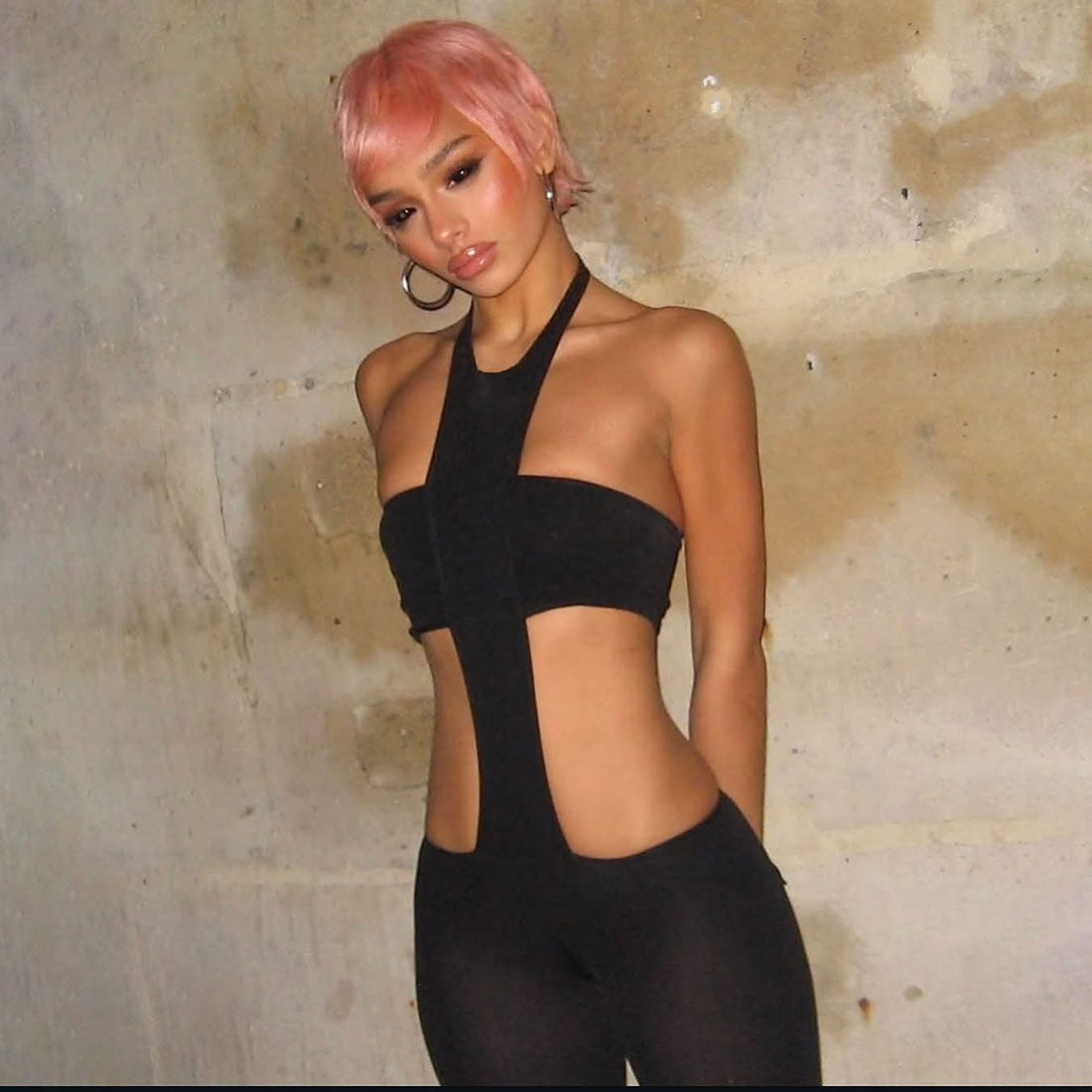 Autumn Sexy Cropped Outfit Halter Tight Fitting Solid Color Personalized One Piece Jumpsuit Women