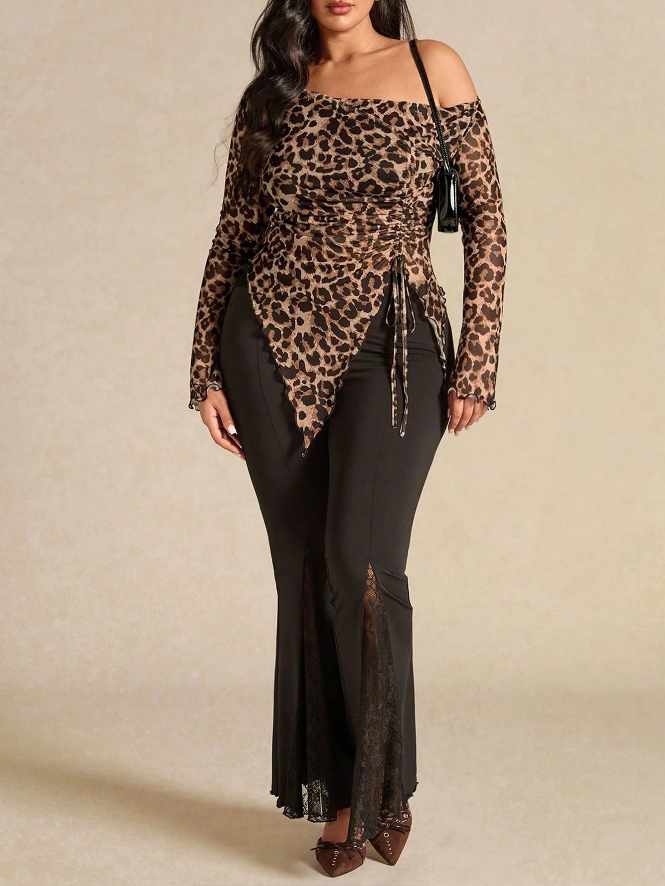 Plus Size Women Clothing One Side off the Shoulder Irregular Asymmetric Hem Leopard Print Drawstring Slim Long Sleeve Top Women
