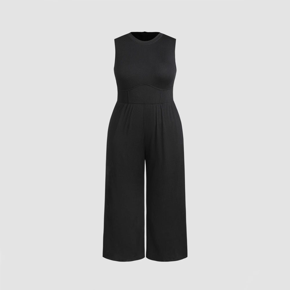 Plus Size Women Clothing Slimming Sleeveless Waist Trimming Casual Solid Color All Matching Jumpsuit