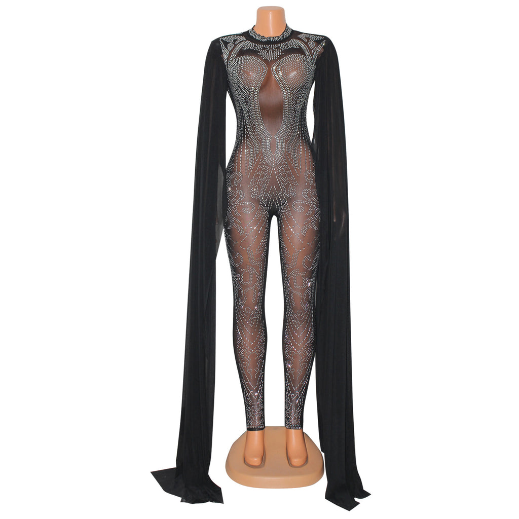 Autumn Winter Women Clothing Sexy Mesh Rhinestone See through Nightclub Jumpsuit Women
