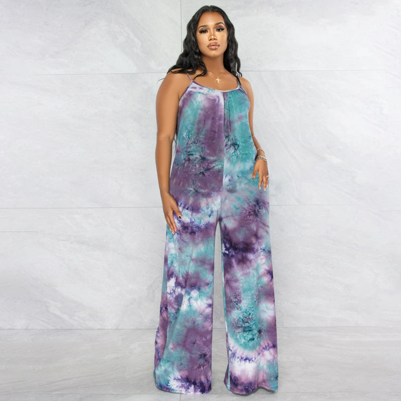 Plus Size New Tie-Dyed Printed Sling Casual Straight Stylish Loose Jumpsuit