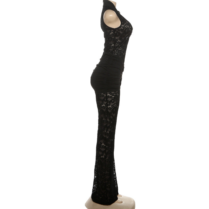 Autumn Winter Women Lace Stitching Sleeveless Sexy High Waist Slim Fit Micro Pull Jumpsuit