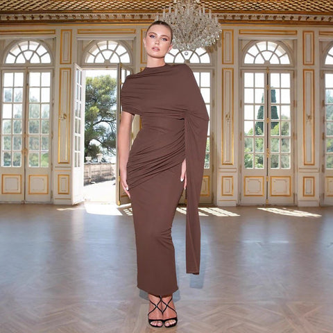 El Rosar Round Neck Shoulder Wrap Solid Color Slim Sexy Dress
