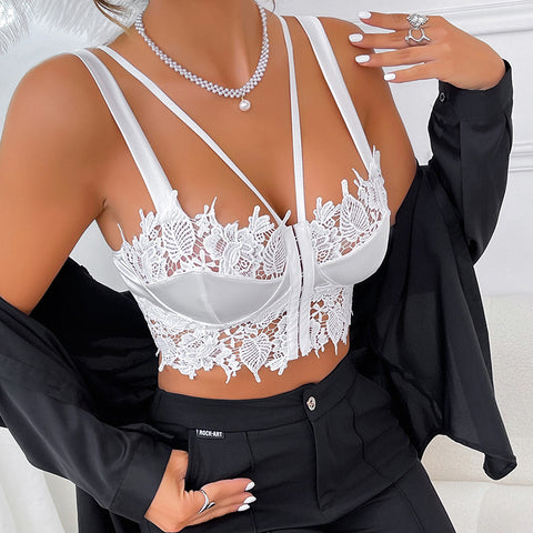 Sexy Camisole Lace Mesh See Through Double Shoulder Strap Top