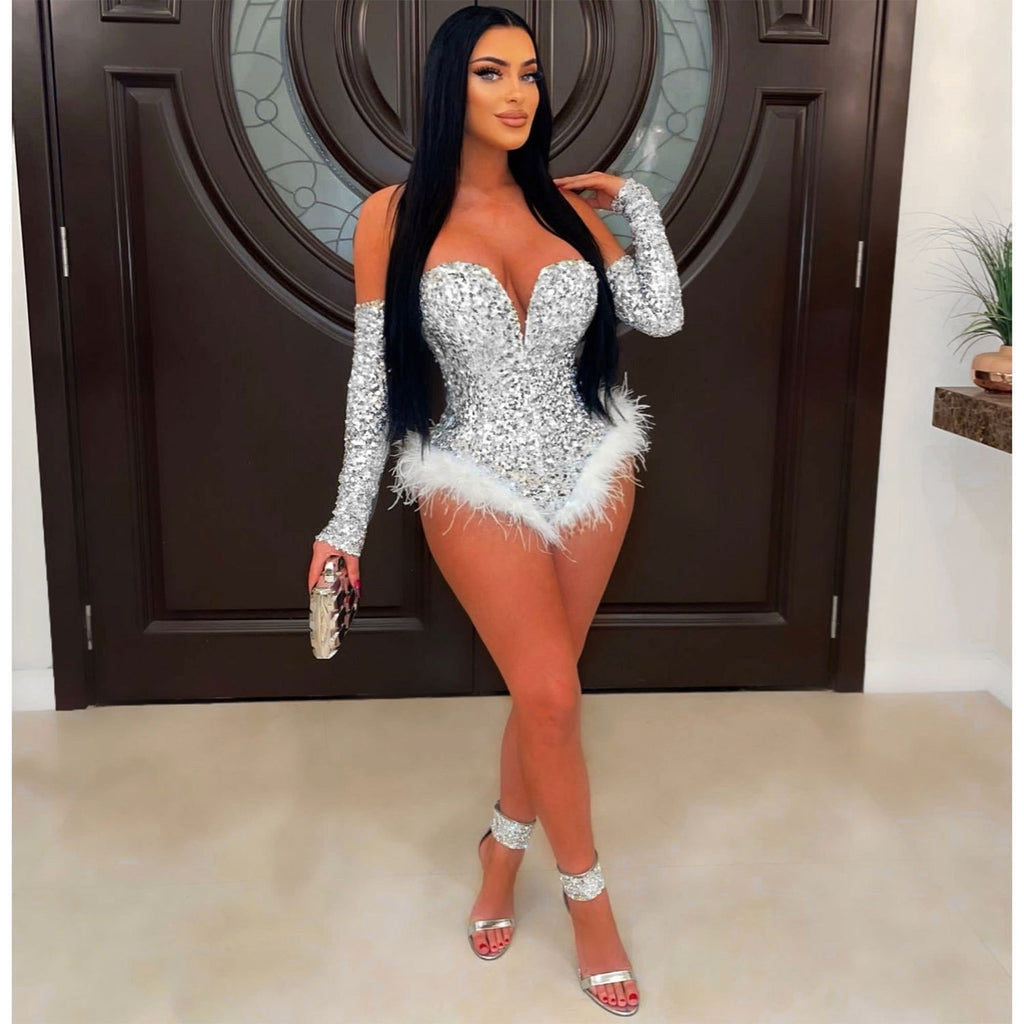 Sexy Slim Fit Feather Sequin Jumpsuit