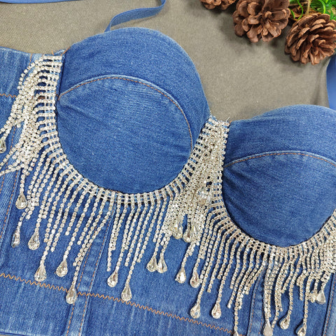 Slim Corset Stitching Rhinestone Tassel Beaded
