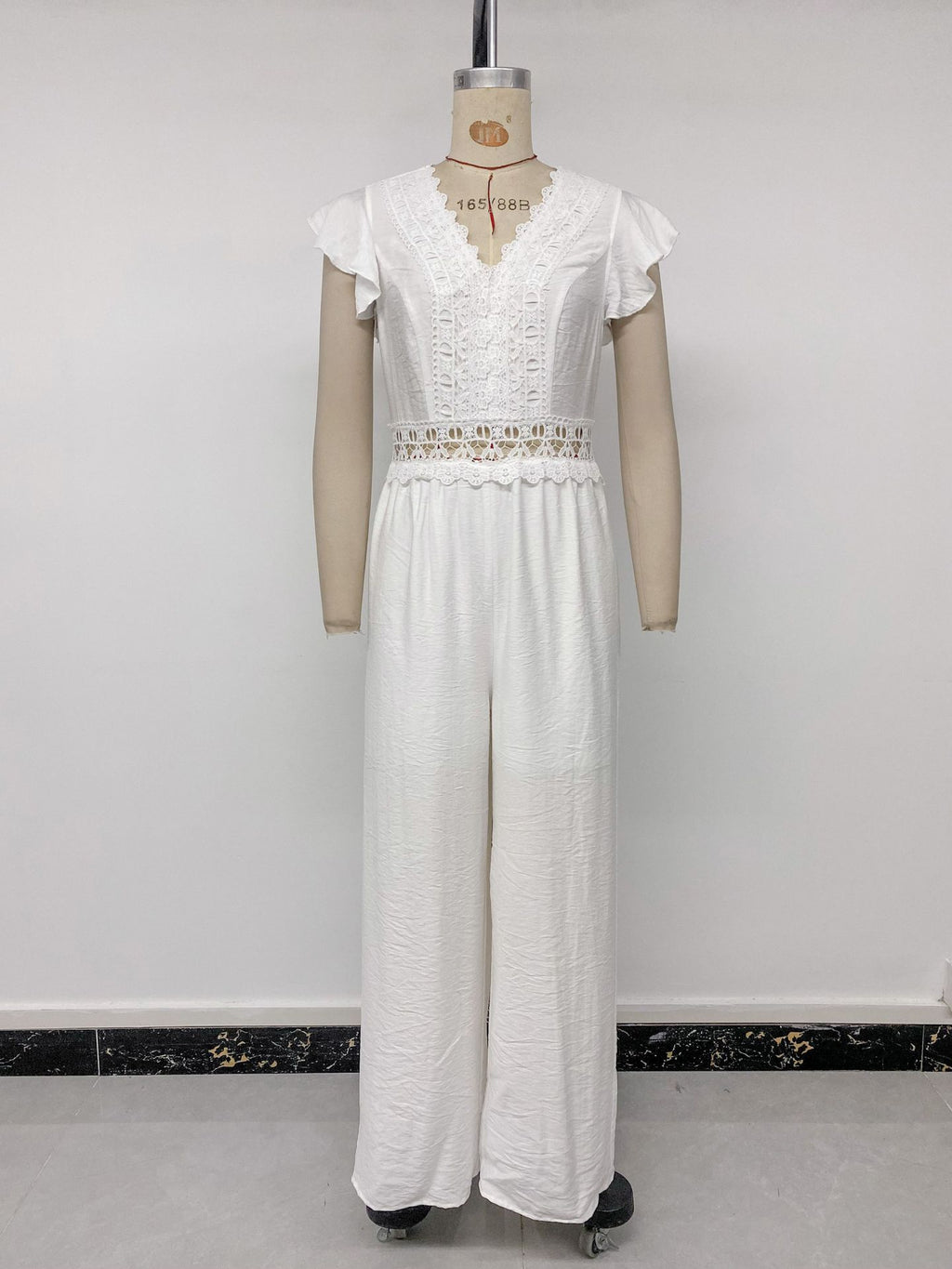 French Gentle Flounced Sleeve Solid Color Lace Hollow Out Cutout out V neck Jumpsuit