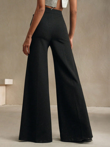 Neat Office Wide Leg High Grade Light Luxury Women Pants Straight High Waist Black Casual Draping Polyester Work Pant