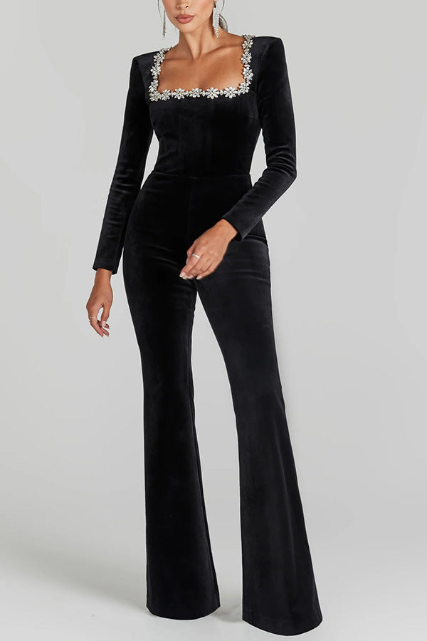 Diamond Velvet Square Collar Long Sleeve High Waist Slim Flared Jumpsuit