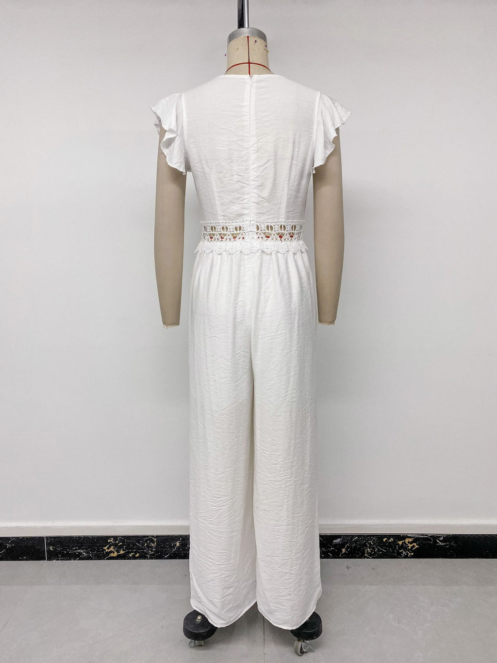 French Gentle Flounced Sleeve Solid Color Lace Hollow Out Cutout out V neck Jumpsuit