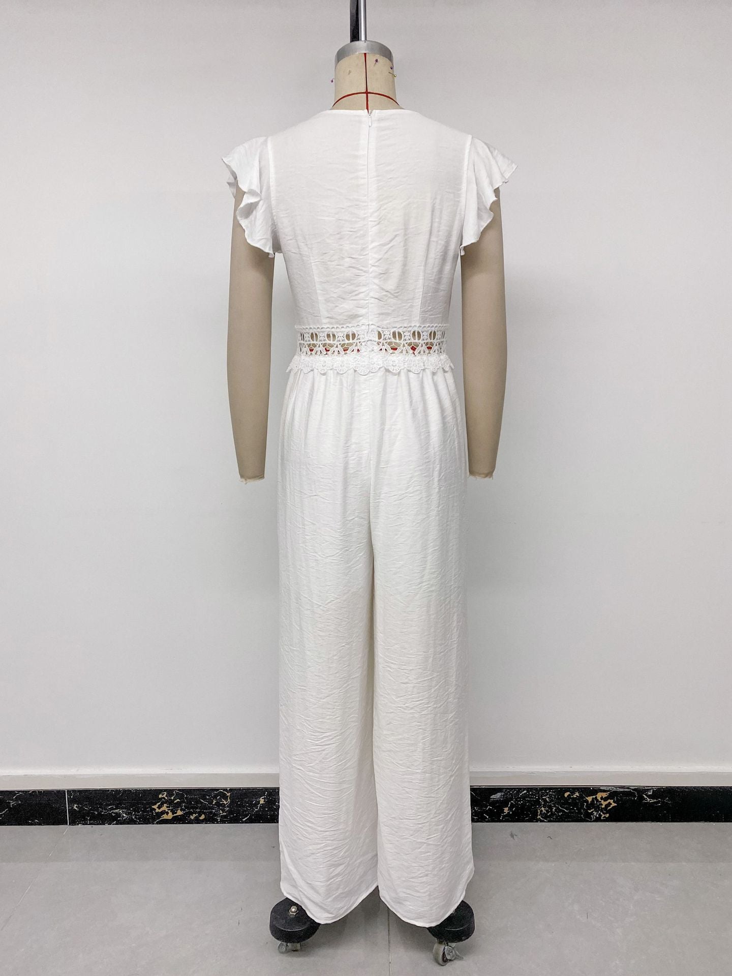 French Gentle Flounced Sleeve Solid Color Lace Hollow Out Cutout out V neck Jumpsuit