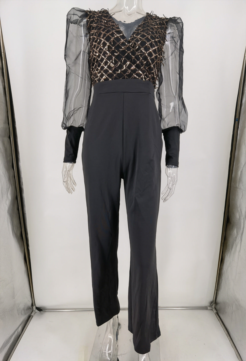 Sexy Retro Mesh Long Sleeve Stitching Jumpsuit Women Clothing