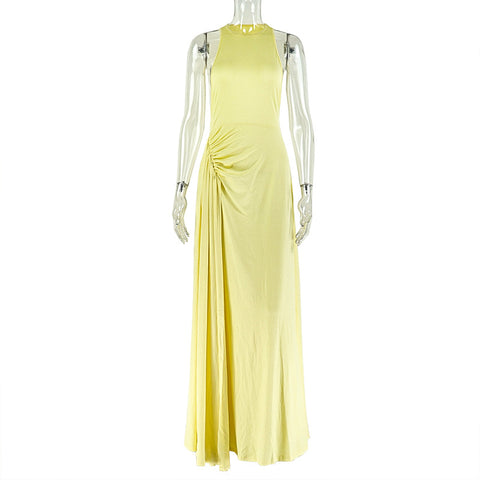 Colorado Fitted Waist Pleated Design Hip Round Neck Sleeveless Dress