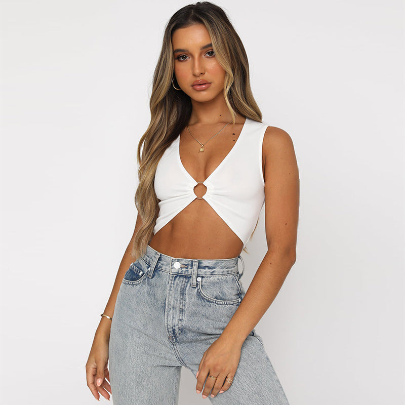 Women Solid Tight Hollow-out  V-neck