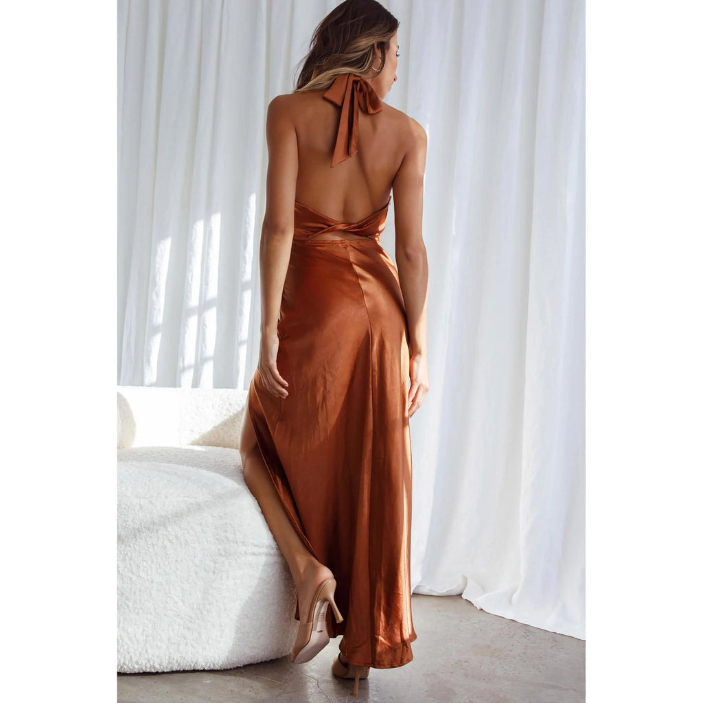 Clevaland Plain Satin Halter Backless Slit Mid Length Dress