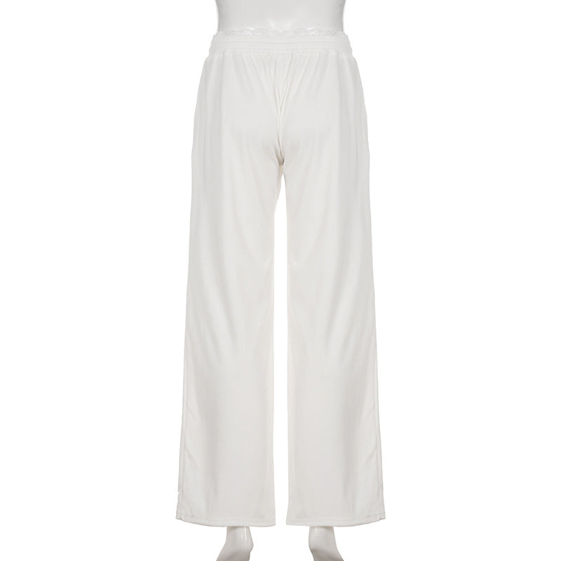 Casual Loose Fitting Wide Leg Trousers Corduroy Lace Straight Leg Pants Women Autumn Winter Slimming High Waist Solid Color Trousers