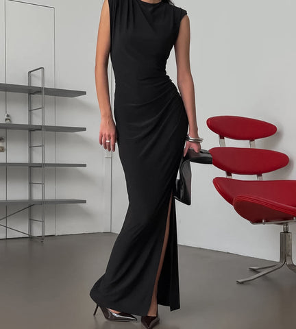 Los Alpes Wind Black Sleeveless Padded Shoulder Slim Fit Slit Sexy Dress