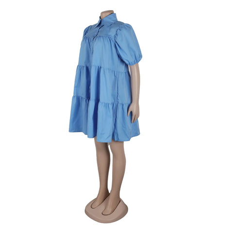 Secaucus Puff Sleeve Single Breasted Lapel Collar Babydoll Street White Big Swing Dress