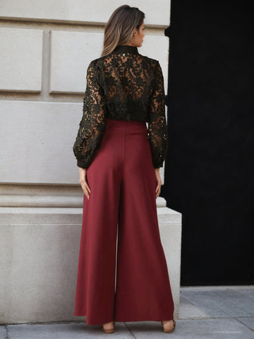 Solid Color High Waist Ruched Waist Slimming Design Waist Pantskirt Flab Hiding Modified Leg Wide Leg Pants