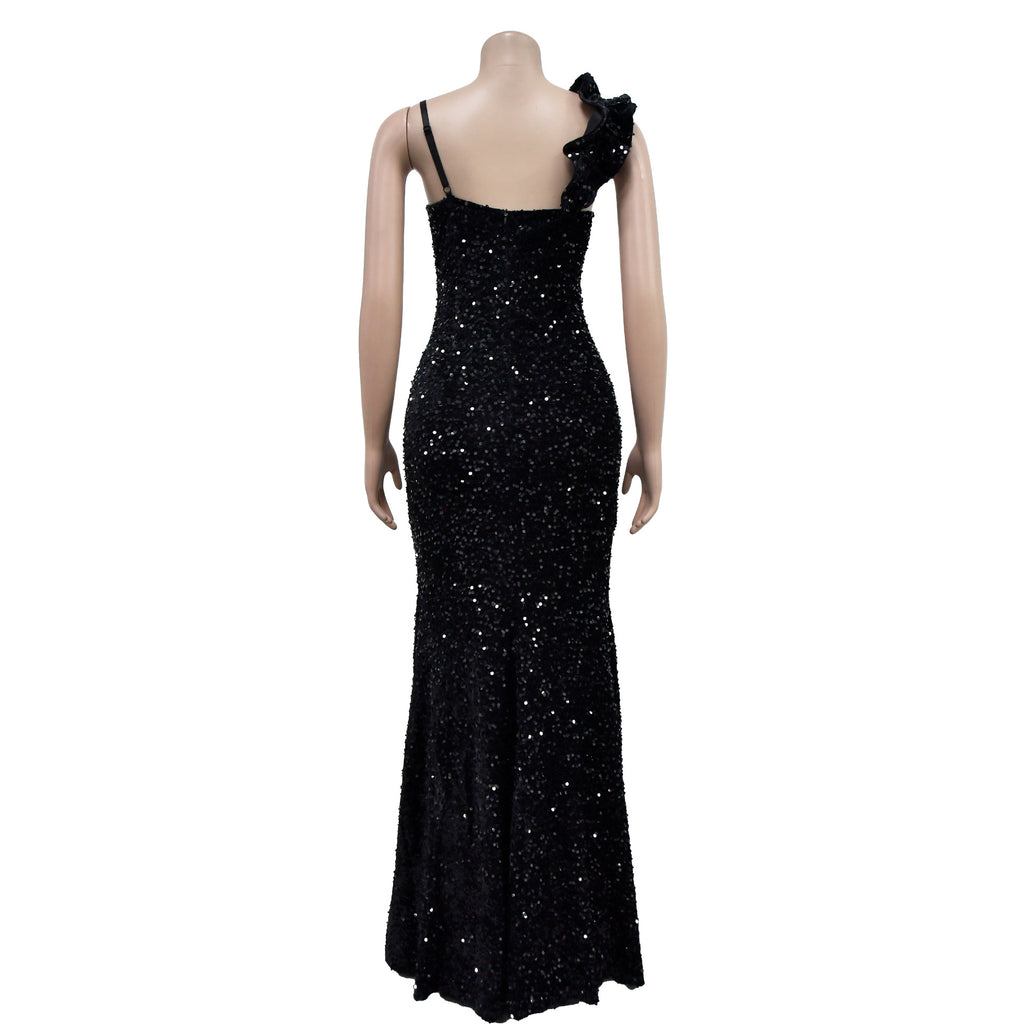 Trenton One Shoulder Open Back Sequined High Side Split Mermaid Maxi Dress