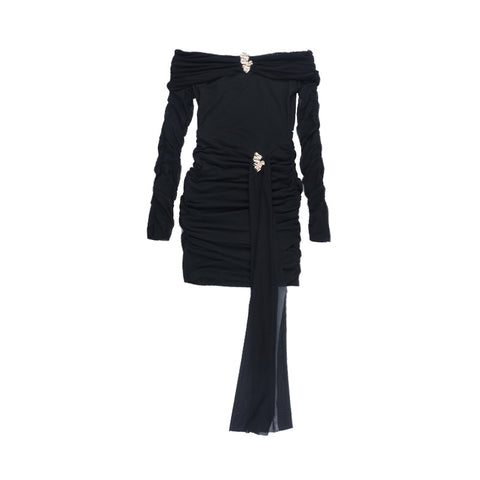 Goldsboro Sexy Off Shoulder Sexy Backless Mesh Stitching Long Sleeve Dress