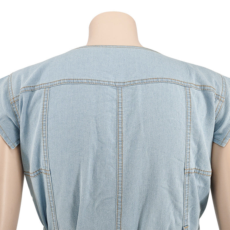 Plus Size Women Clothing Autumn New Denim Sleeve Wash Jumpsuit Trousers Sexy New