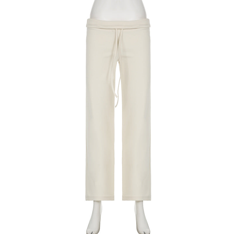 Spring Summer Street Outdoor Home Casual Pants Waist Lace up Smooth Straight Leg Trousers
