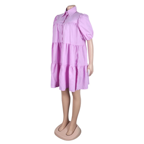 Secaucus Puff Sleeve Single Breasted Lapel Collar Babydoll Street White Big Swing Dress