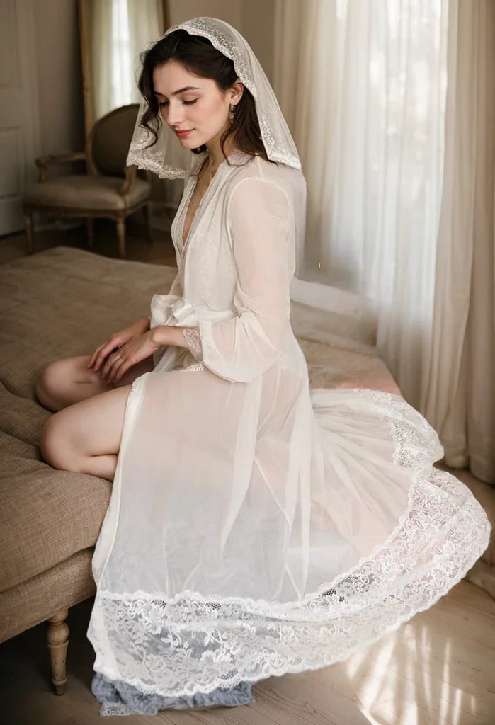 Elegant Sheer Mesh White Lace Long Bridal Robe