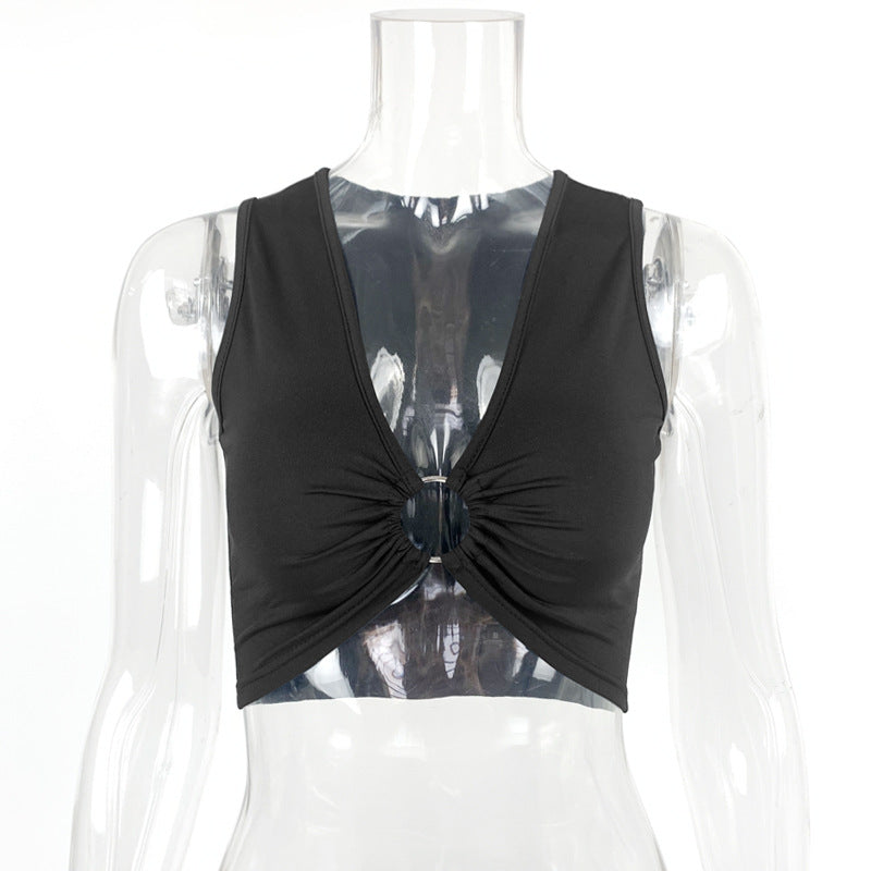 Women Solid Tight Hollow-out  V-neck