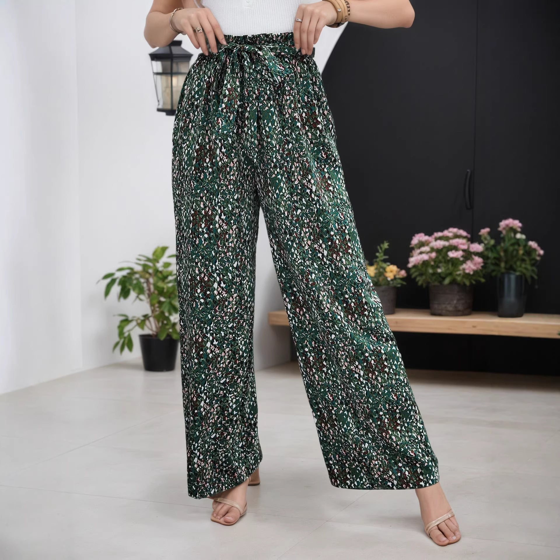 French Vintage Floral Bow Tied High Waist Drooping Wide Leg Pants Women Summer Loose Slimming Casual Pants