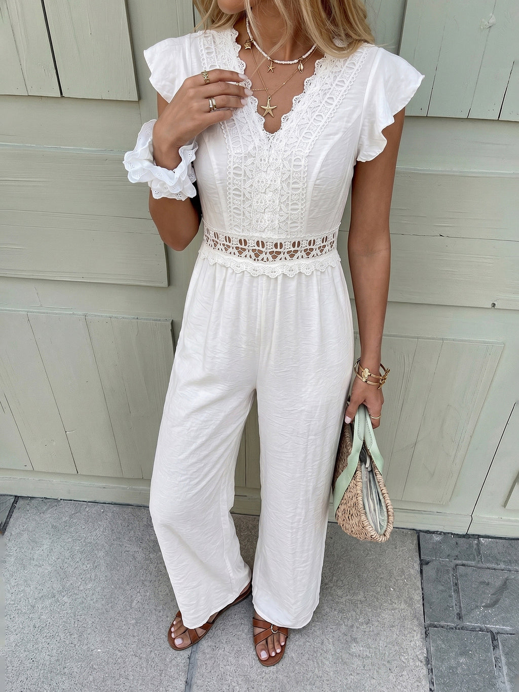 French Gentle Flounced Sleeve Solid Color Lace Hollow Out Cutout out V neck Jumpsuit