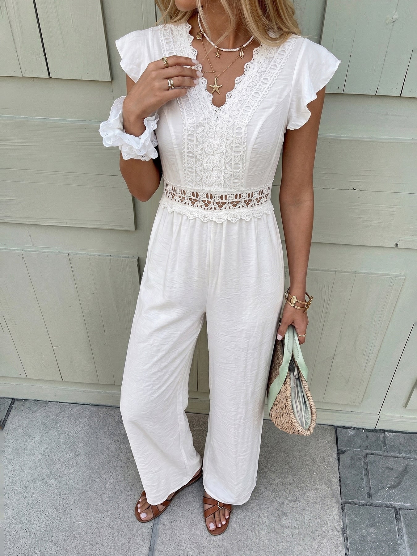 French Gentle Flounced Sleeve Solid Color Lace Hollow Out Cutout out V neck Jumpsuit
