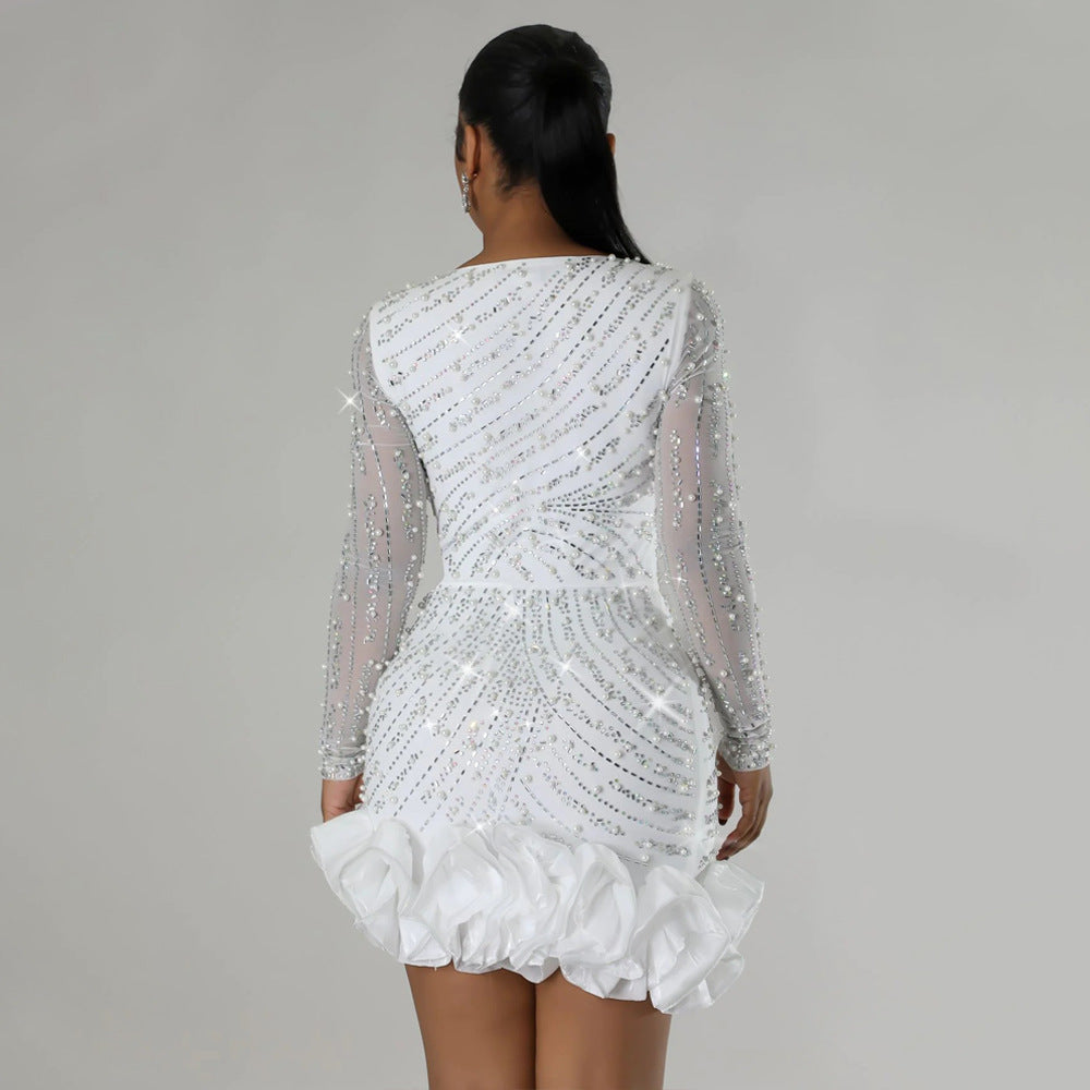 Fayetteville Drilling Bubble Beads Long Sleeve Square Collar Mini Dress