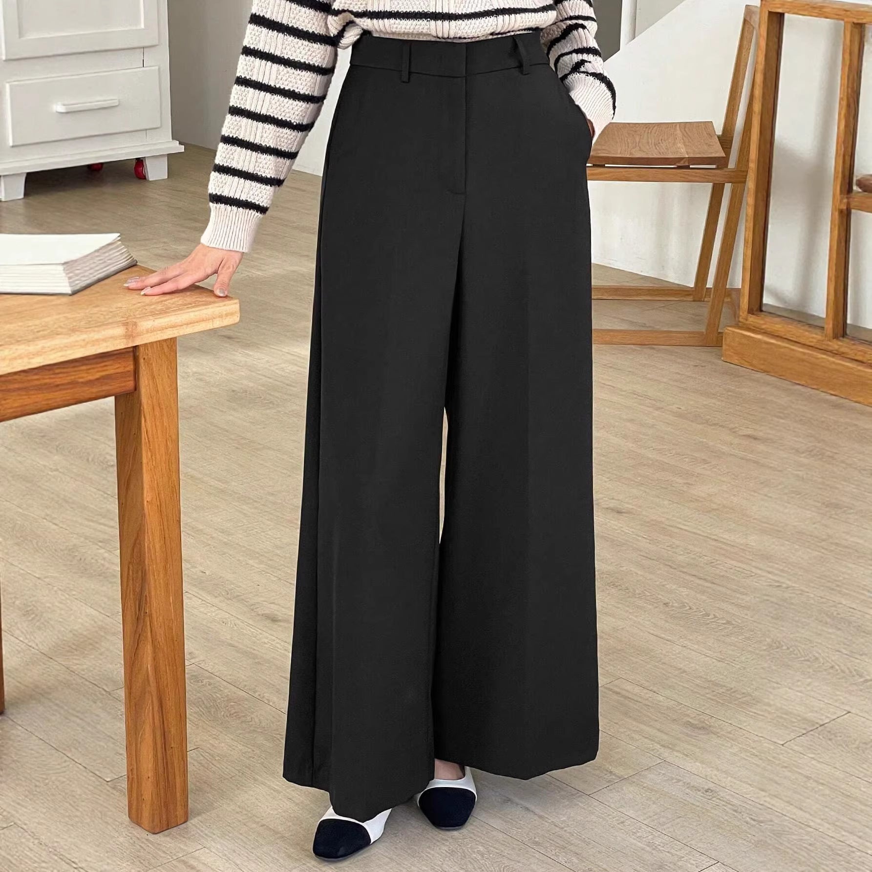 Straight High Waist Casual Women Work Pant Draping Small Wide Leg Design Maillard Black Pants