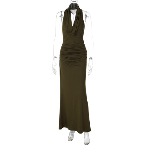 Las Caobas Sexy Backless Pleated Slim Elegant Halter Maxi Dress