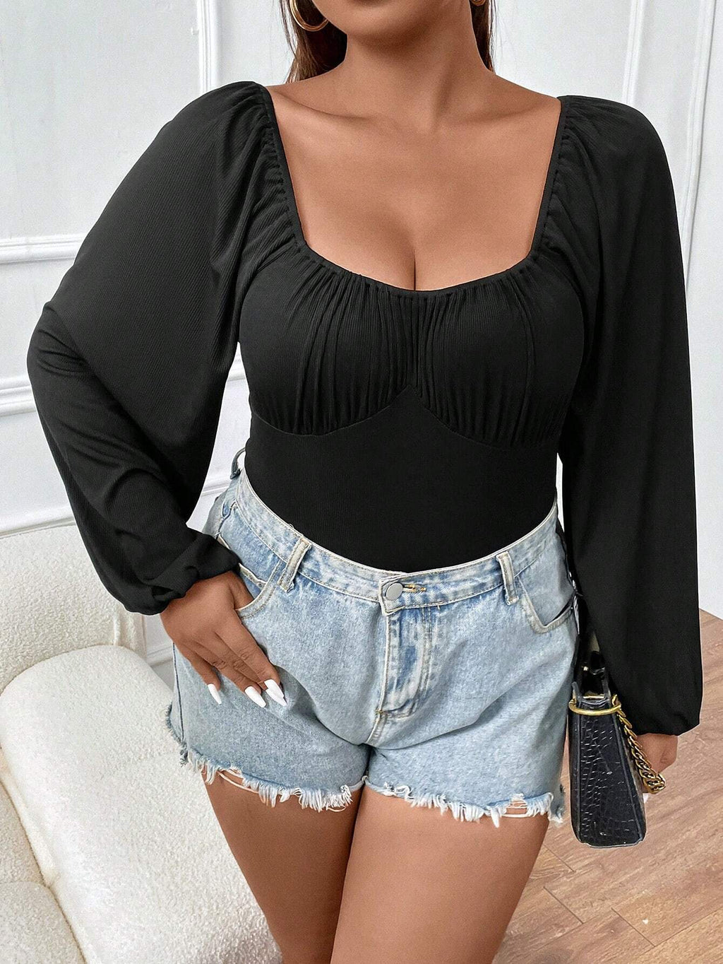 Plus Size Women Clothes Slim Fit Slimming Puff Sleeve Long Sleeve Sexy Jumpsuit