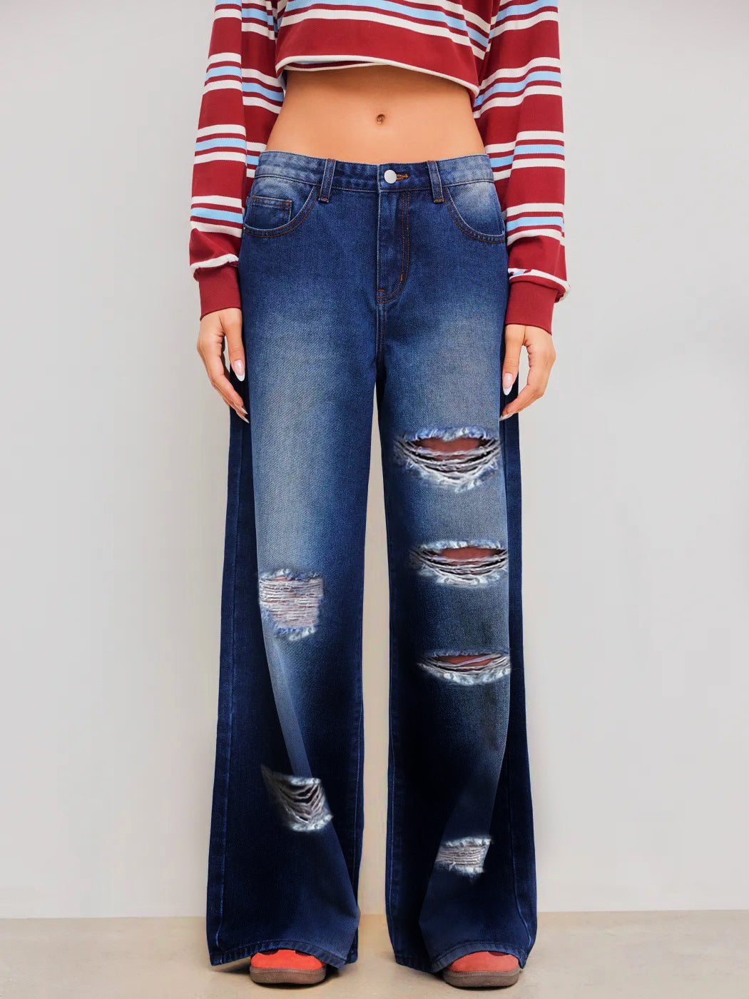 Ripped Jeans Washed High Waist Straight All Matching Loose Denim Trousers Women Jeans