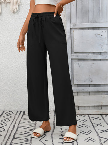 Summer Women Casual Drawstring Elegant Trousers Wide Leg Pants with Pockets