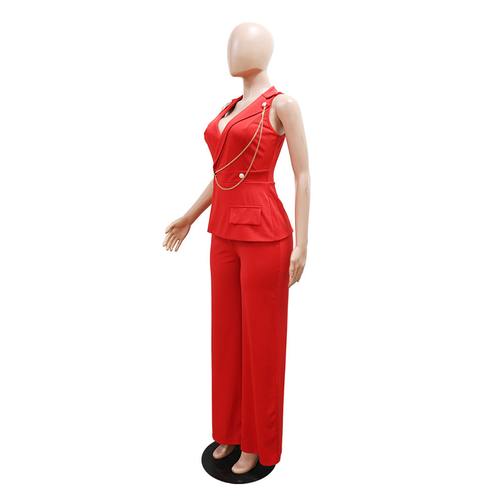 V neck Sexy Jumpsuit Chain Terms Casual Wide Leg for Women